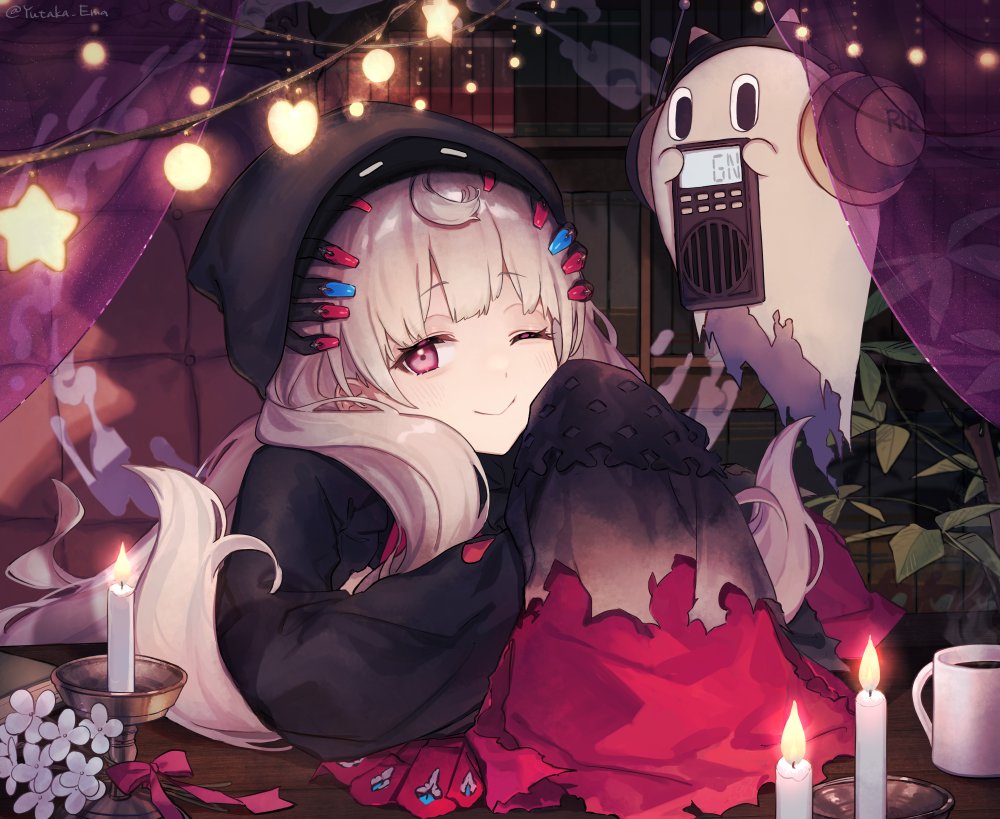 1girl, black_hoodie, candle, commentary, curtains, ema_yutaka, ghost, grey_hair