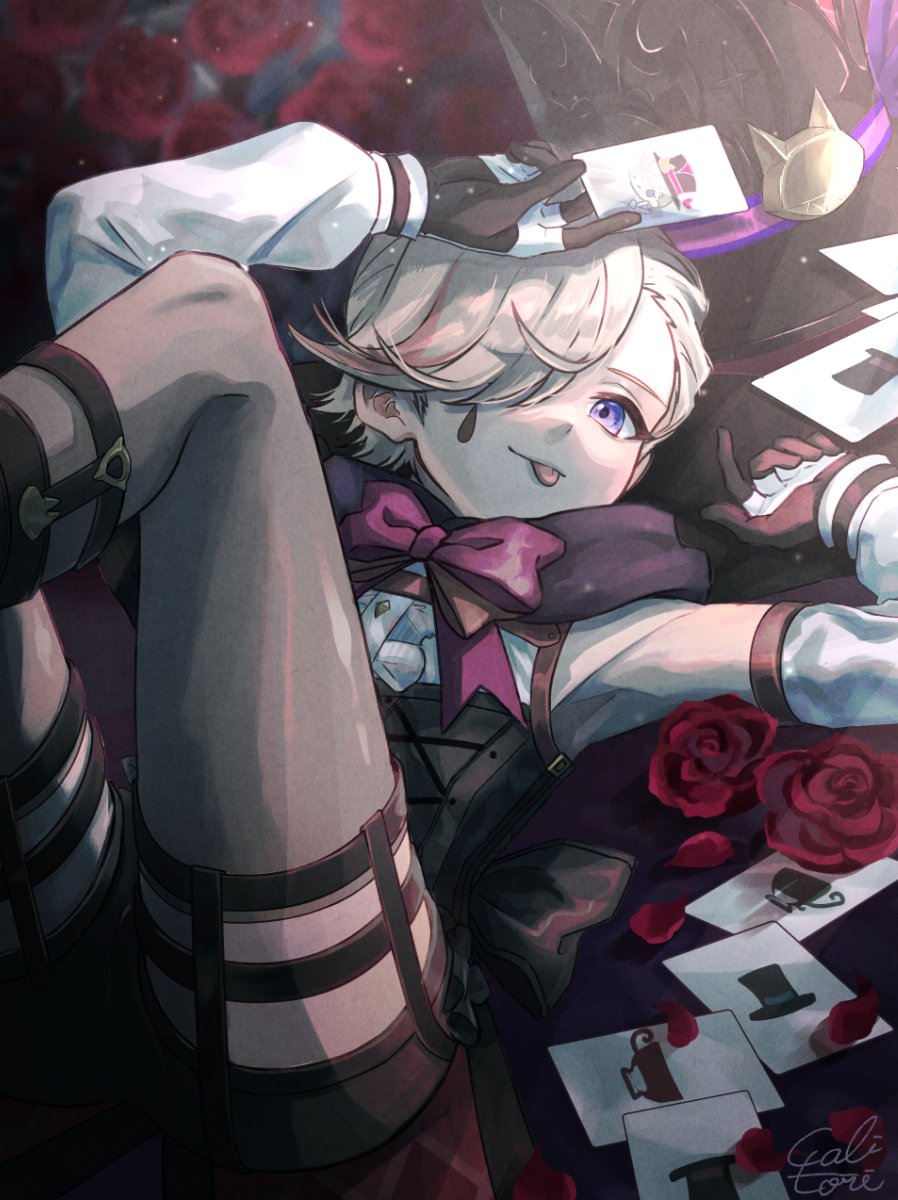 1boy, androgynous, black_corset, black_gloves, black_shorts, black_socks, blonde_hair, bow, cali_tori, cape, card, closed_mouth, corset, detached_sleeves, facial_mark, flower, genshin_impact, gloves, hair_over_one_eye, highres, looking_at_viewer, lyney_(genshin_impact), male_focus, one_eye_covered, petals, playing_card, purple_cape, purple_eyes, red_bow, red_flower, red_rose, rose, rose_petals, shirt, shorts, smirk, socks, solo, teardrop_facial_mark, tongue, tongue_out, white_shirt, white_sleeves