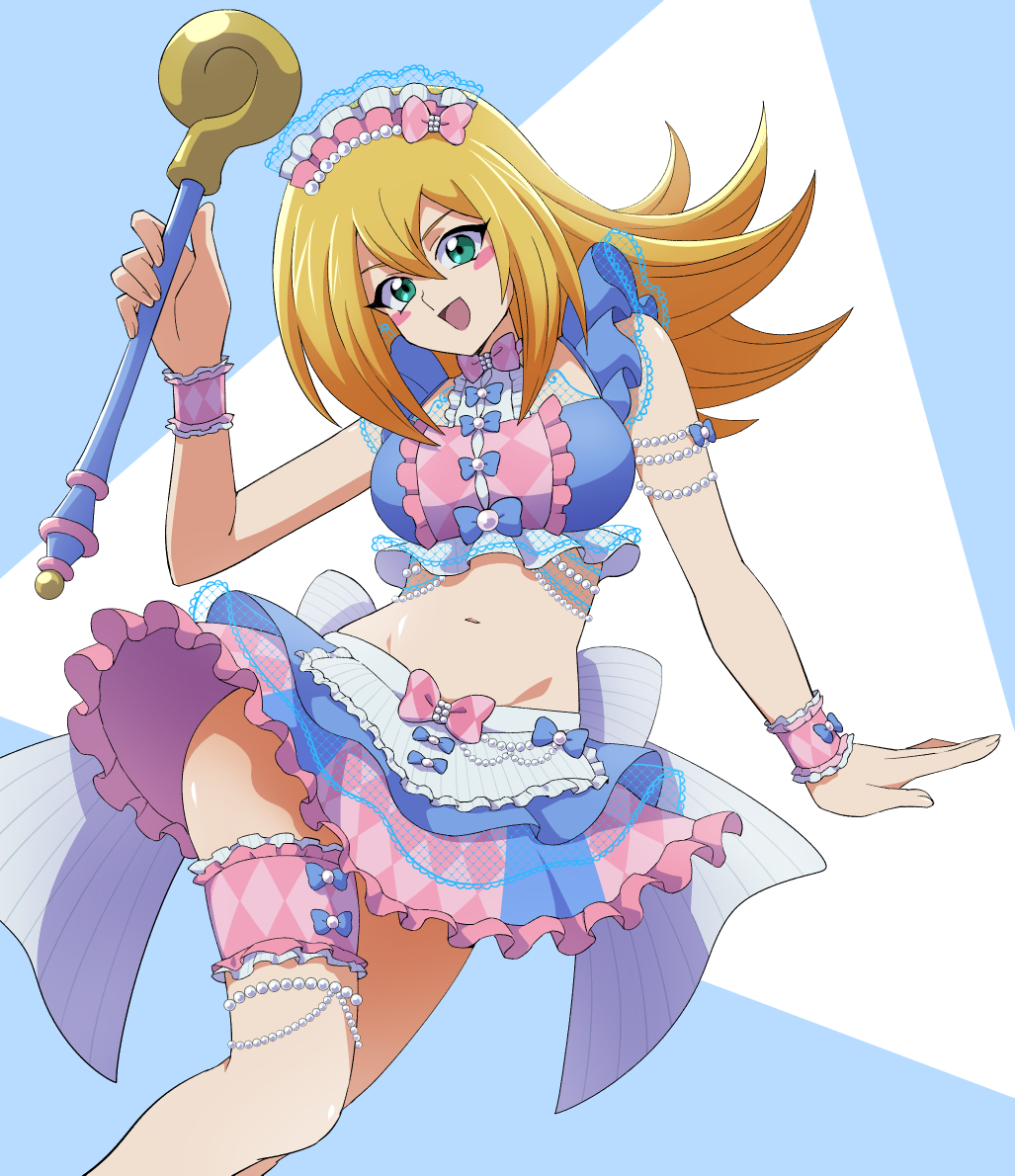 1girl, :d, blonde_hair, blue_bow, blush_stickers, bow, bowtie, cosplay, crop_top, dark_magician_girl, frilled_skirt, frilled_thigh_strap, frills, green_eyes, holding, holding_staff, long_hair, looking_at_viewer, midriff, navel, open_mouth, pink_bow, pink_bowtie, pink_headwear, pretty_series, pripara, skirt, smile, solo, staff, summer_maid_coord, thigh_strap, uma_(umagaobanana), wrist_cuffs, yu-gi-oh!, yu-gi-oh!_duel_monsters