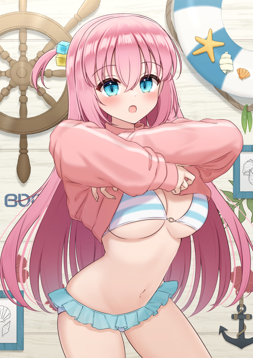 1girl, :o, absurdres, anchor, bikini, bikini_skirt, blue_bikini, blue_eyes, blue_skirt, bocchi_the_rock!, breasts, cube_hair_ornament, fingernails, gotoh_hitori, hair_between_eyes, hair_ornament, helm, helmet, highres, jacket, large_breasts, lifebuoy, long_hair, long_sleeves, looking_at_viewer, navel, o-ring, o-ring_bikini, o-ring_top, one_side_up, picture_frame, pink_hair, pink_jacket, removing_jacket, rope, shell_print, seaweed, shell, skirt, sleeves_past_wrists, solo, starfish, stomach, striped_bikini, striped_clothes, swim_ring, swimsuit, thighs, track_jacket, underboob, wooden_wall, yukiunag1