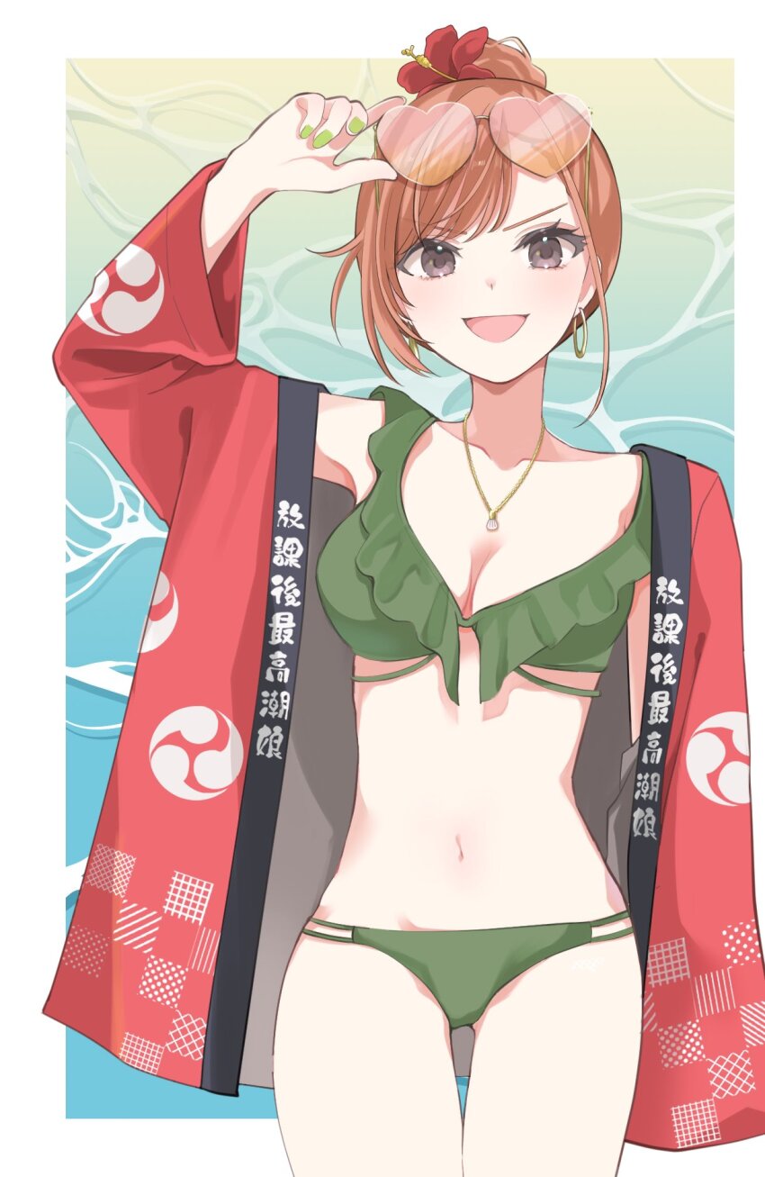 19_okeke, 1girl, alternate_hairstyle, arisugawa_natsuha, arm_up, bare_shoulders, bikini, blush