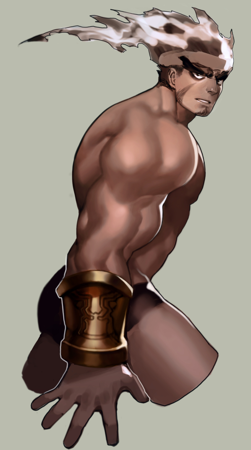 1boy, absurdres, bara, bracer, cropped_legs, expressionless, facial_hair, fiery_hair