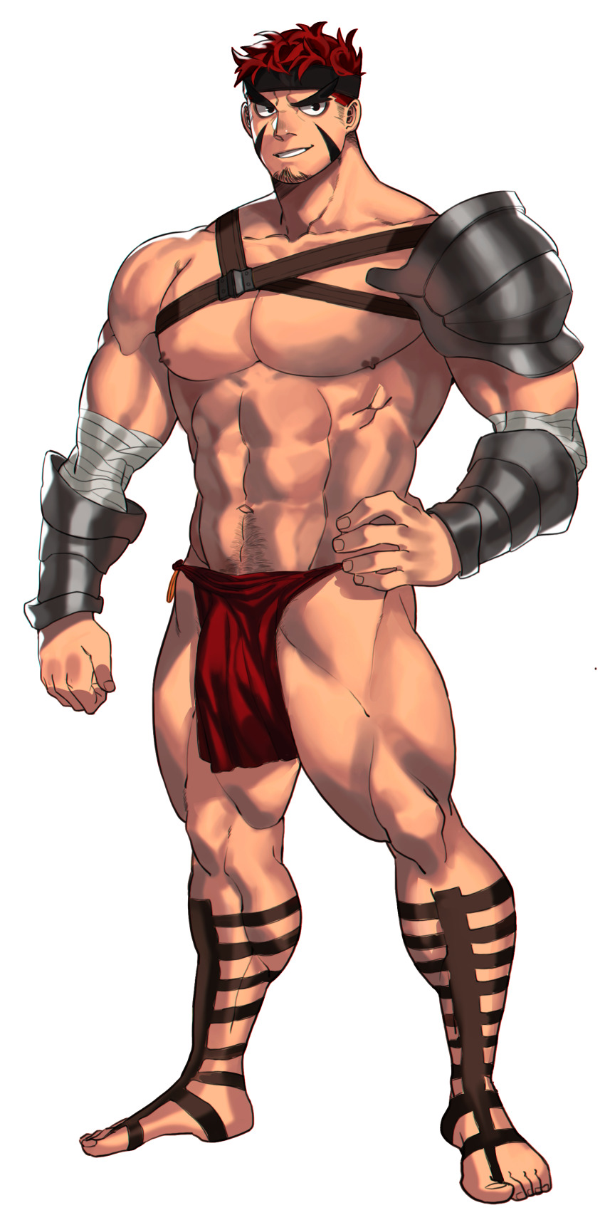 1boy, abs, absurdres, armor, bara, barefoot_sandals_(jewelry), bracer, facial_hair