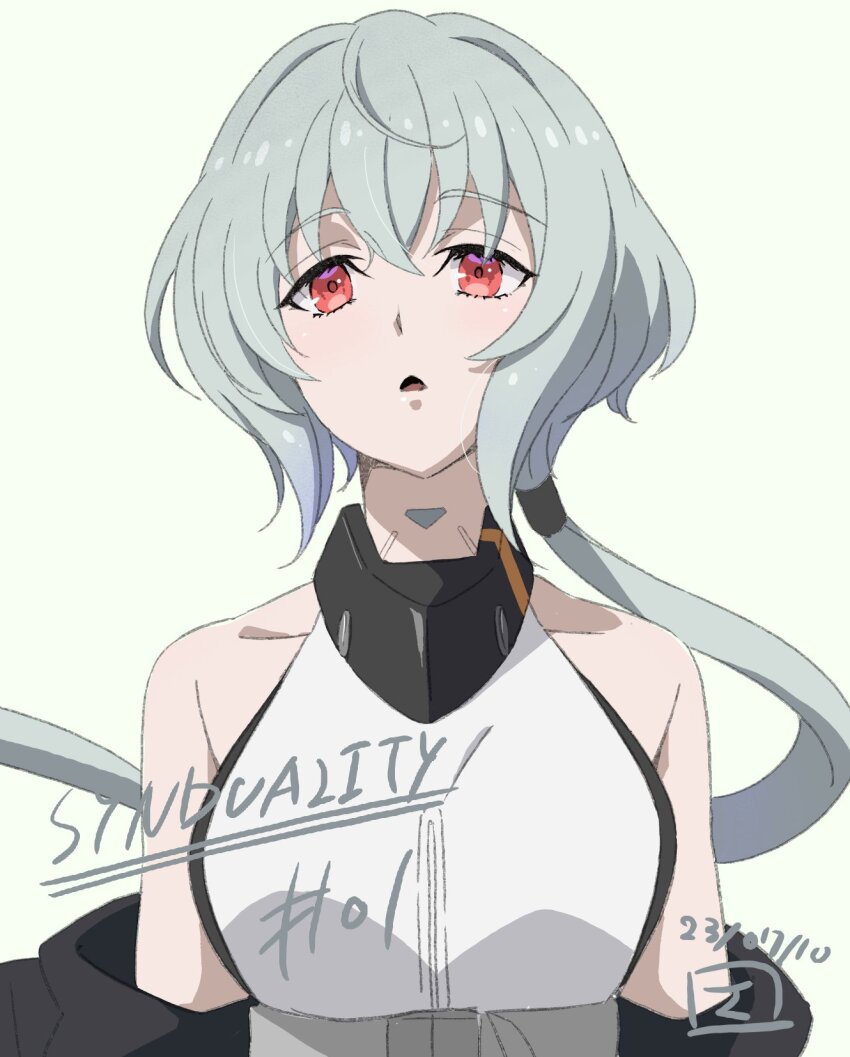 1girl, black_jacket, chestnut_mouth, copyright_name, dress, floating_hair, halter_dress, halterneck