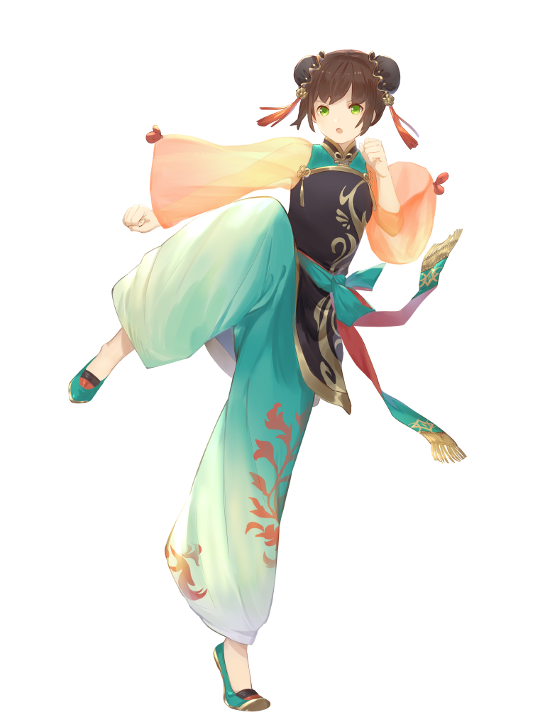 1girl, aqua_shoes, artist_request, brown_hair, bun_cover, clenched_hand, dairoku_ryouhei, double_bun