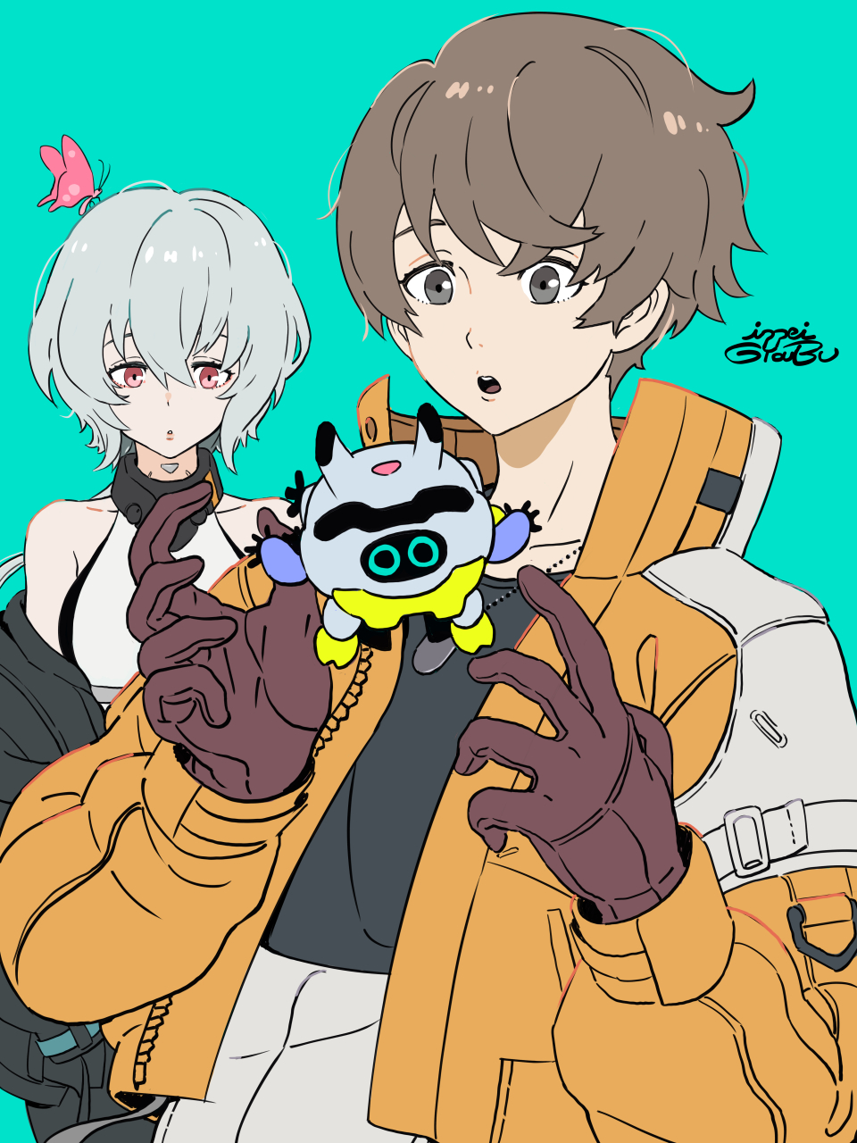 1boy, 1girl, aqua_background, artist_name, black_jacket, black_shirt, brown_gloves, brown_hair, bug, butterfly, butterfly_on_head, chibi, collarbone, daisy_ogre, dog_tags, gloves, grey_eyes, grey_shirt, gyoubu_ippei, halter_shirt, halterneck, highres, insect, jacket, jewelry, kanata_(synduality), long_hair, low_ponytail, mecha, necklace, noir_(synduality), off_shoulder, orange_jacket, pink_eyes, ponytail, robot, shirt, surprised, synduality, synduality_noir