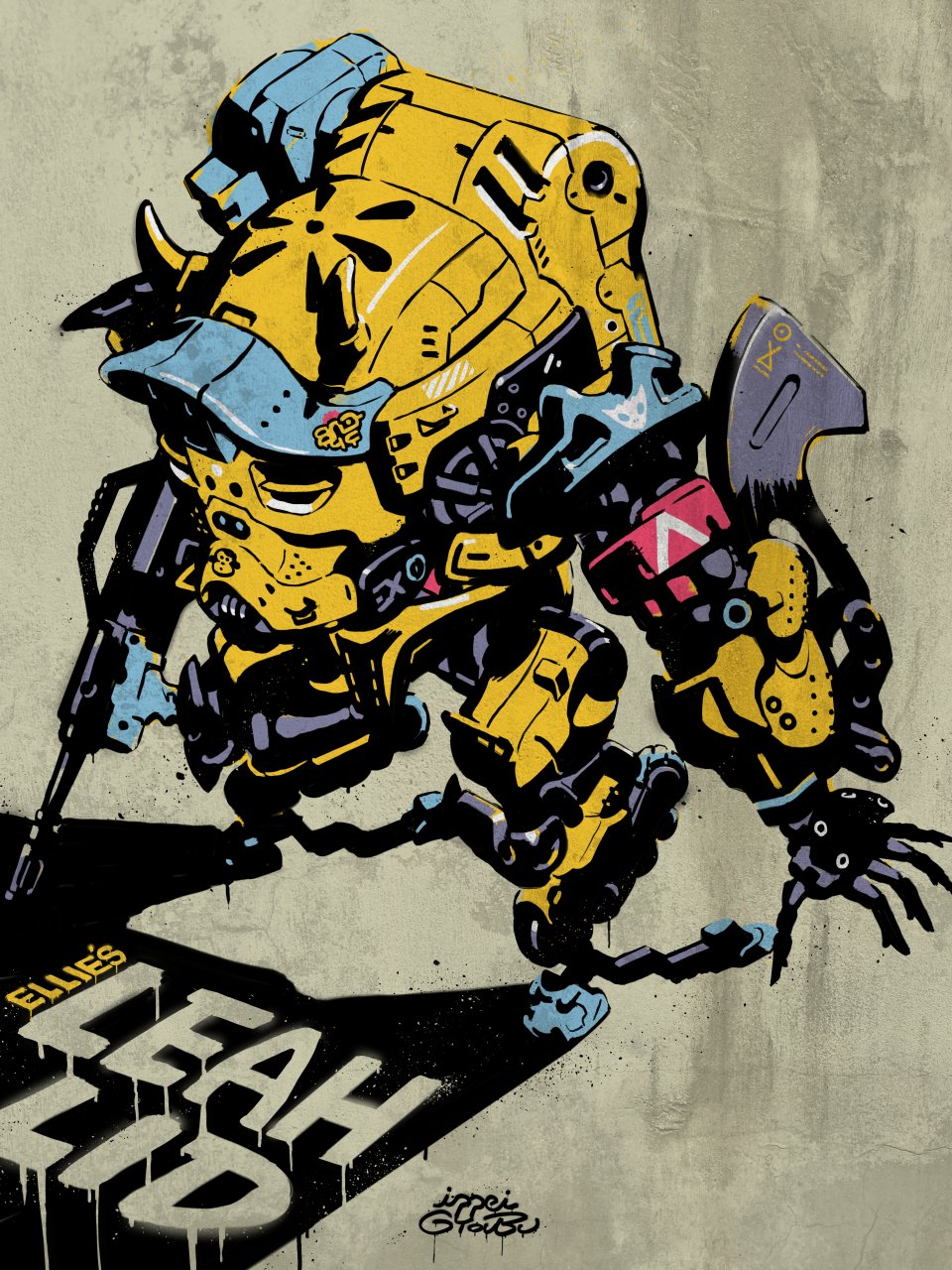 artist_name, character_name, grey_background, gun, gyoubu_ippei, highres, holding, holding_gun, holding_weapon, horns, leah_lid, mecha, open_hand, robot, solo, synduality, synduality_noir, weapon