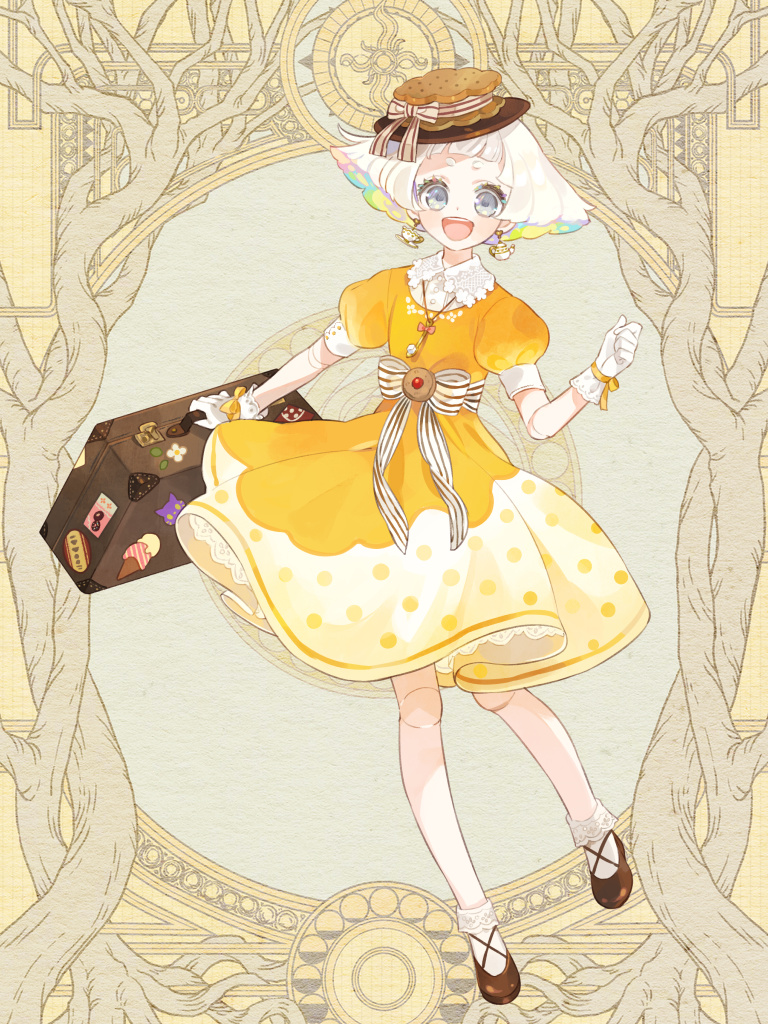1girl, :d, brown_footwear, brown_hat, brown_ribbon, dairoku_ryouhei, doll_joints, dress, earrings, food-themed_earrings, full_body, gloves, grey_eyes, hat, hat_ribbon, jewelry, joints, koruche_upanyan, medium_hair, multicolored_hair, necklace, oooita, open_mouth, puffy_short_sleeves, puffy_sleeves, rainbow_hair, ribbon, short_sleeves, smile, socks, solo, standing, suitcase, white_gloves, white_hair, white_socks, yellow_background, yellow_dress