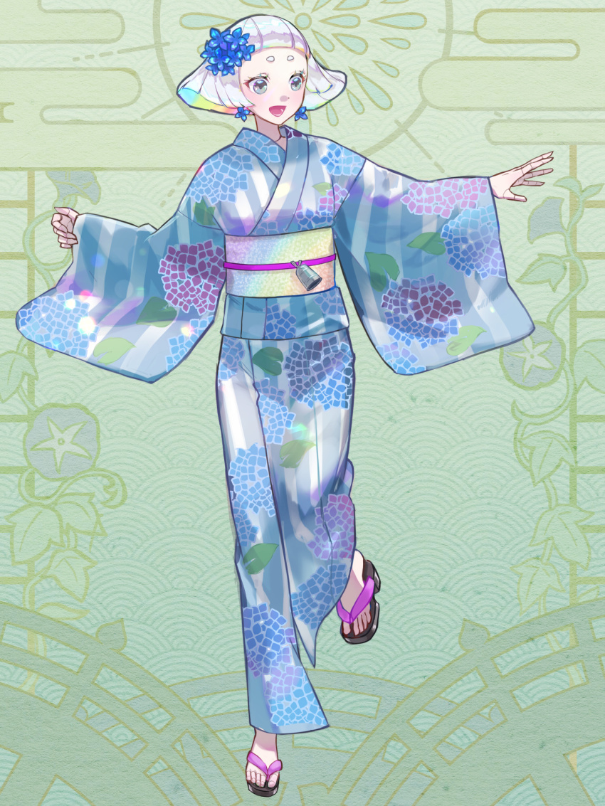 1girl, blue_kimono, colored_inner_hair, dairoku_ryouhei, doll_joints, earrings, flower, full_body, green_background, grey_eyes, hair_flower, hair_ornament, highres, japanese_clothes, jewelry, joints, kimono, koruche_upanyan, medium_hair, multicolored_hair, obi, rainbow_hair, sandals, sash, white_hair, wide_sleeves, yoyokokoyoyoko, zouri