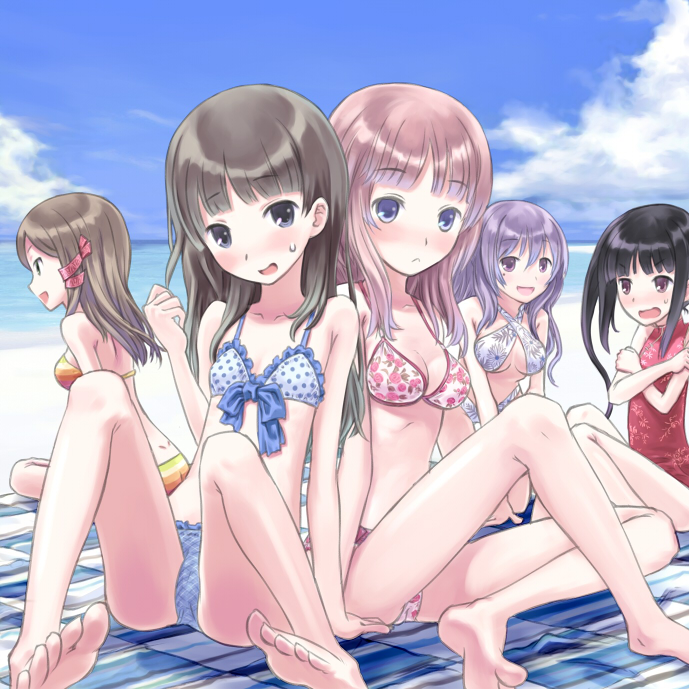 5girls, atelier_(series), atelier_totori, barefoot, beach, bikini, black_eyes, black_hair