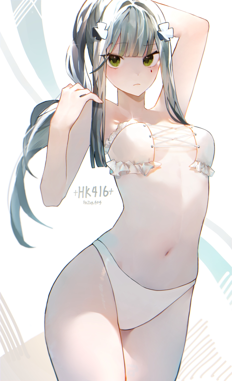 1girl, anzup_404, arm_up, artist_name, bikini, blue_hair, breasts, character_name, closed_mouth, commentary, cowboy_shot, facial_mark, frilled_bikini, frills, girls'_frontline, green_eyes, highres, hk416_(girls'_frontline), long_hair, looking_at_viewer, navel, sidelocks, small_breasts, solo, stomach, strapless, strapless_bikini, swimsuit, teardrop_facial_mark, white_bikini