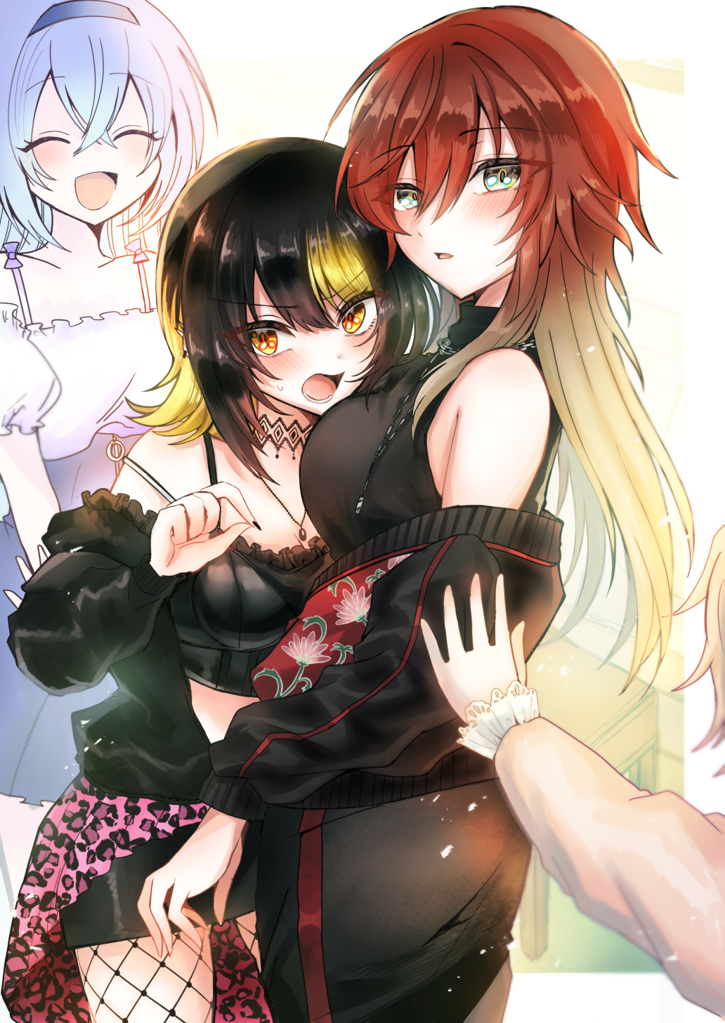 4girls, ^_^, aketa_mikoto, black_hair, black_jacket, black_shirt, black_skirt, blonde_hair, blue_hair, blush, breasts, brown_hair, closed_eyes, fingernails, fishnet_pantyhose, fishnets, highres, idolmaster, idolmaster_shiny_colors, ikaruga_luca, ikuta_haruki, jacket, jacket_partially_removed, large_breasts, letterman_jacket, light_brown_hair, long_hair, looking_at_viewer, mimoe, multiple_girls, nail_polish, pantyhose, pushing, shirt, skirt, small_breasts, suzuki_hana, very_long_hair, yuri