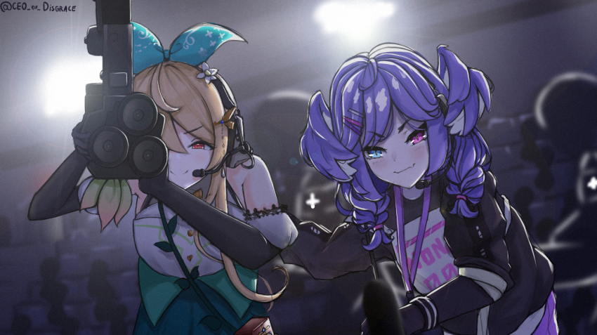 2girls, black_gloves, black_sweater, blonde_hair, blue_eyes, bow, braid, camera