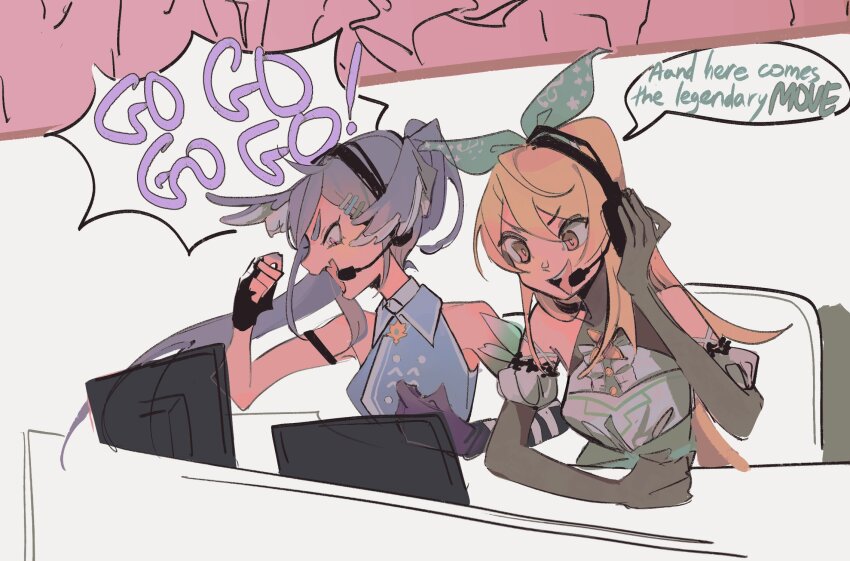 2girls, announcer, armband, black_armband, black_gloves, blonde_hair, bow, chair