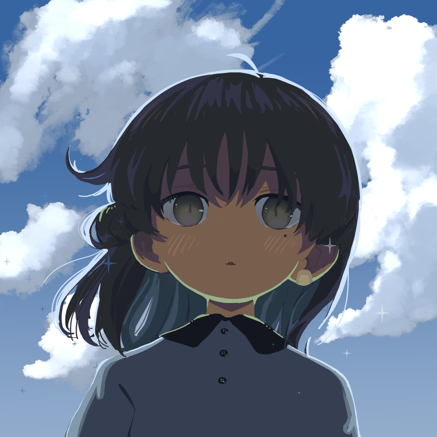 1girl, absurdres, ahoge, alternate_costume, backlighting, bandaid_on_ear, blue_sky, blush
