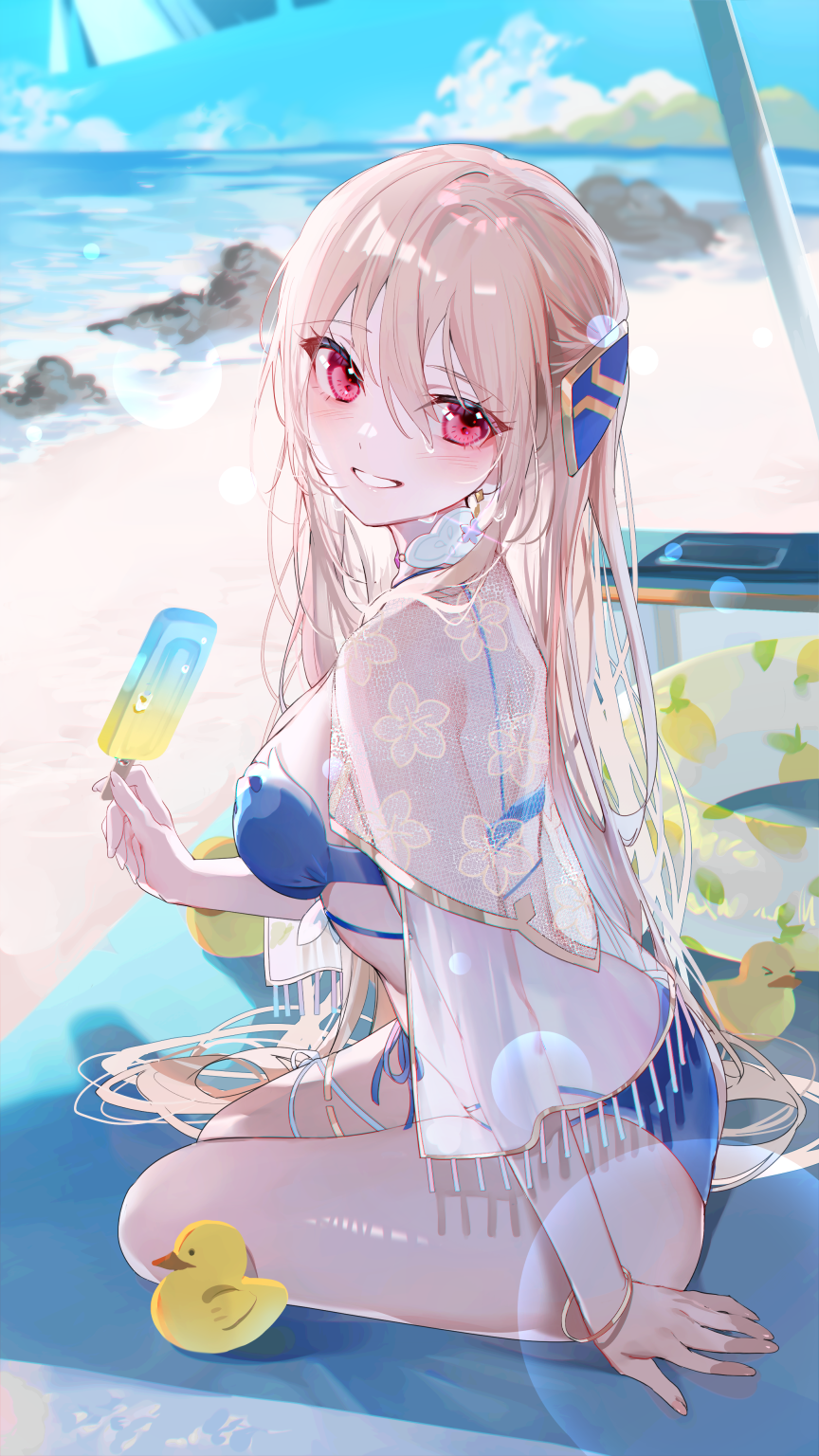 1girl, bangle, beach, beach_mat, beach_umbrella, bikini, blue_bikini, blue_sky