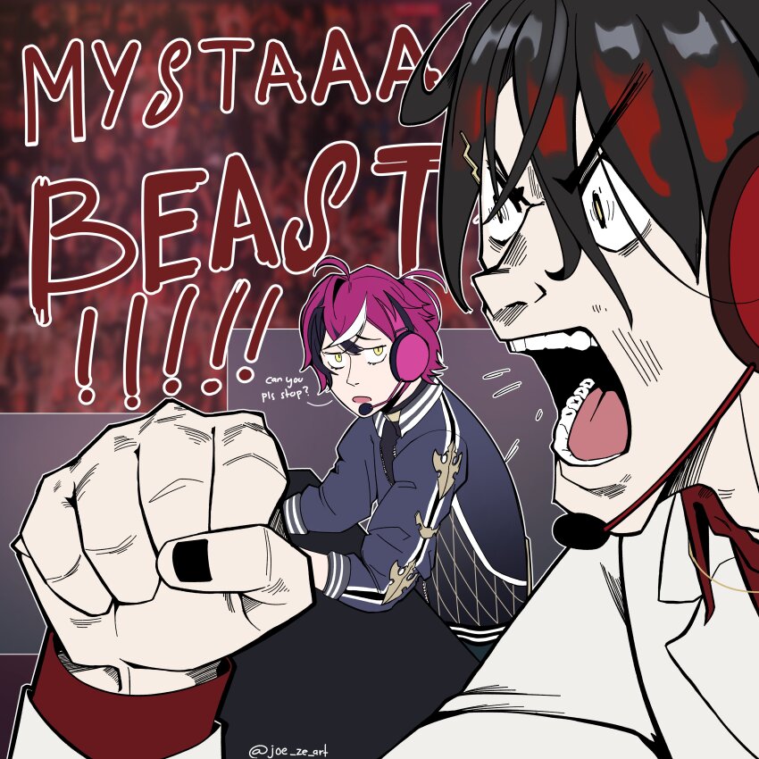 2boys, absurdres, ahoge, announcer, artist_name, black_hair, black_jacket, black_nails