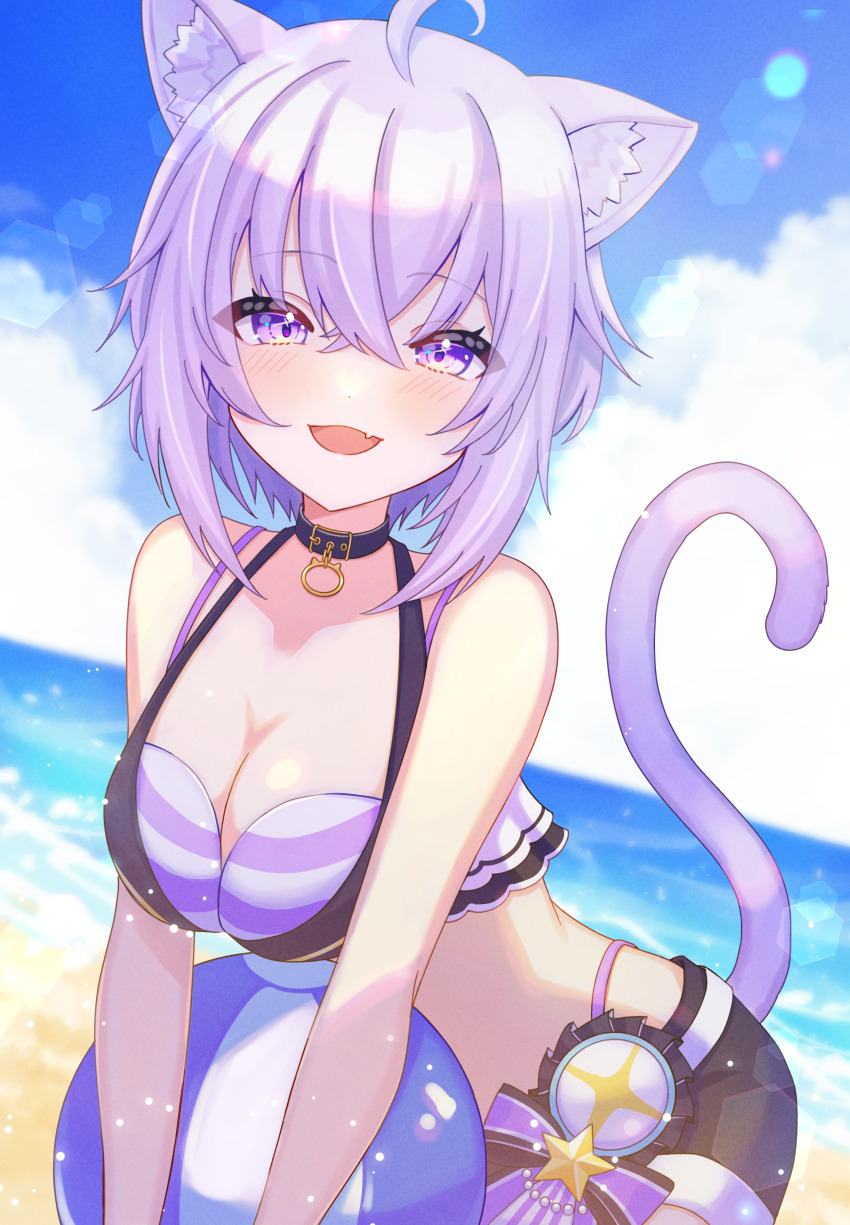 1girl, absurdres, ahoge, animal_ear_fluff, animal_ears, ball, beach, beachball