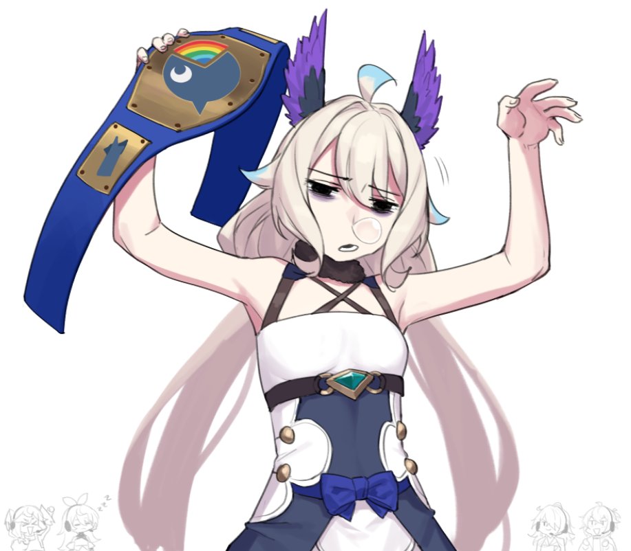 2boys, 3girls, ahoge, arms_up, bags_under_eyes, belt, black_eyes, blonde_hair, blue_bow, blue_dress, blue_hair, bow, breasts, championship_belt, commentary, dasdokter, doppio_dropscythe, dress, english_commentary, enna_alouette, enna_alouette_(1st_costume), exhausted, gem, gradient_hair, hair_between_eyes, head_wings, holding, holding_belt, long_hair, low_twintails, multicolored_dress, multicolored_hair, multiple_boys, multiple_girls, nijisanji, nijisanji_en, nose_bubble, parted_lips, pomu_rainpuff, pomu_rainpuff_(1st_costume), purple_wings, selen_tatsuki, selen_tatsuki_(1st_costume), simple_background, sleepy, sleeveless, sleeveless_dress, small_breasts, solo_focus, twintails, upper_body, virtual_youtuber, vox_akuma, vox_akuma_(1st_costume), white_background, white_dress, wings, wrestling, zzz