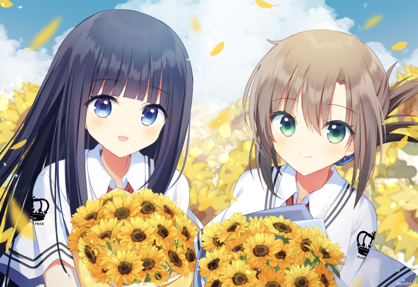 2girls, aiyan, artist_name, black_hair, blue_eyes, blunt_bangs, blush, bouquet