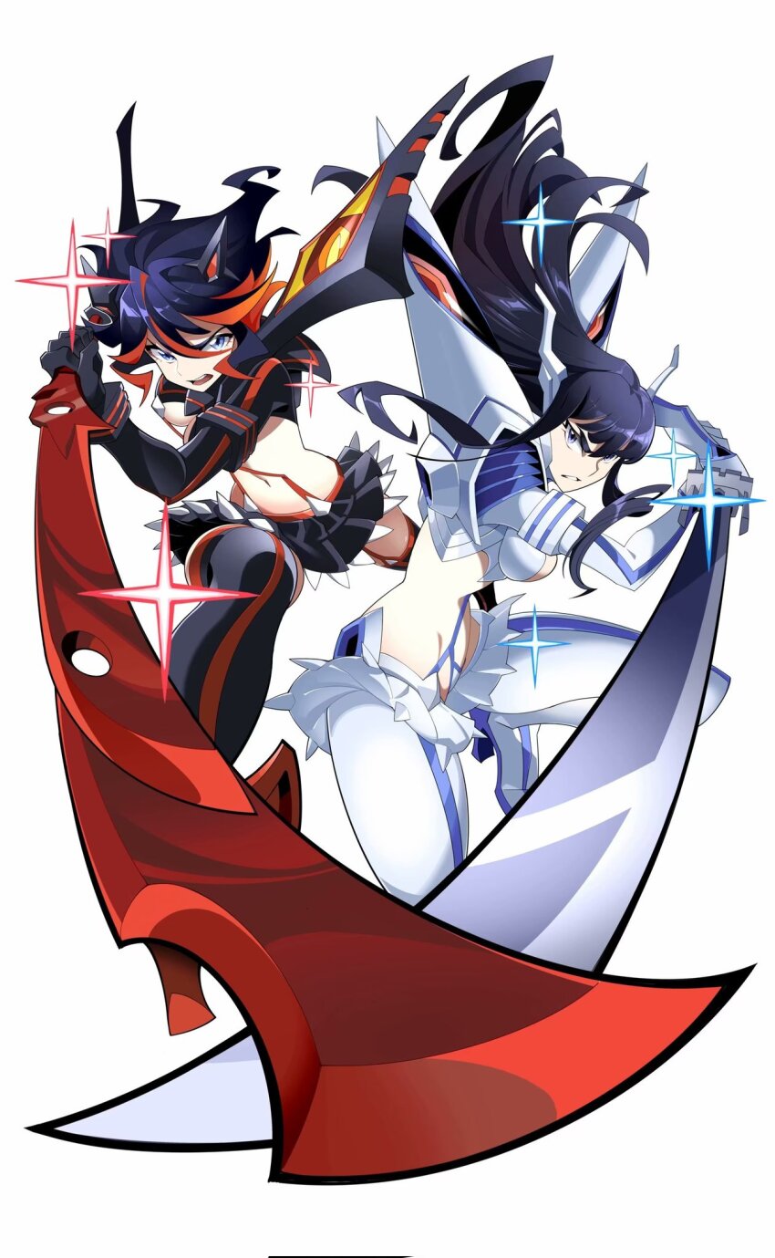 2girls, bakuzan, black_gloves, black_hair, black_skirt, blue_eyes, blue_hair, boots