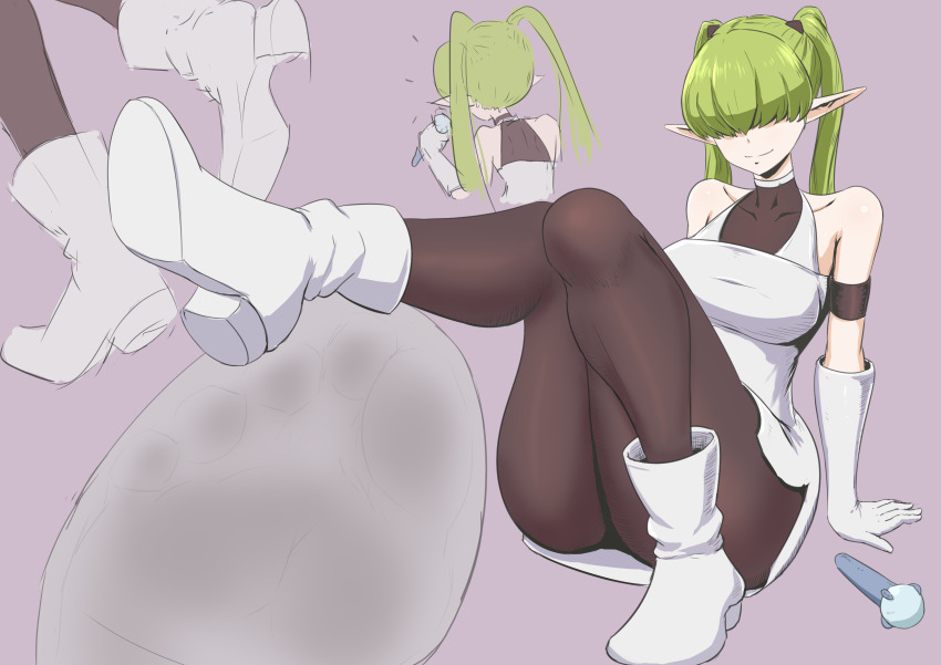 1girl, absurdres, boots, green_hair, hair_over_eyes, helck, highres, long_hair