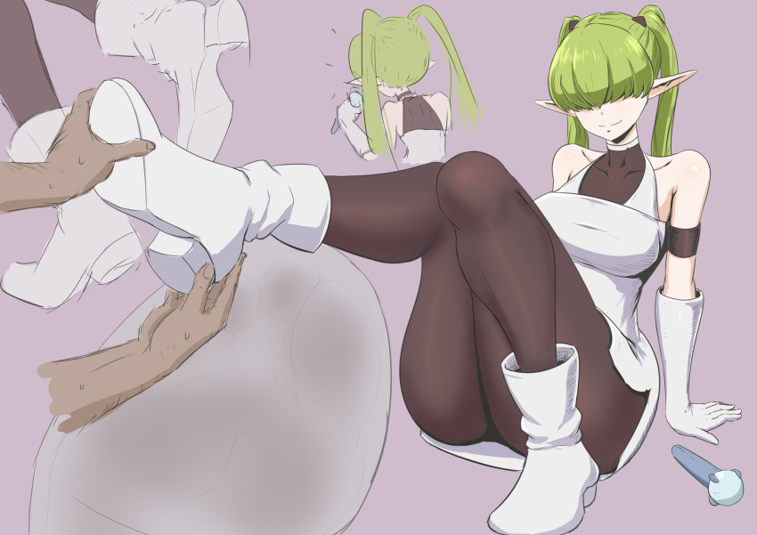 1girl, absurdres, boots, green_hair, hair_over_eyes, helck, highres, long_hair, pantyhose, pointy_ears, removing_shoe, removing_shoes, rococo_(helck), shoes, smile, treadml, twintails, unworn_boots, unworn_shoes