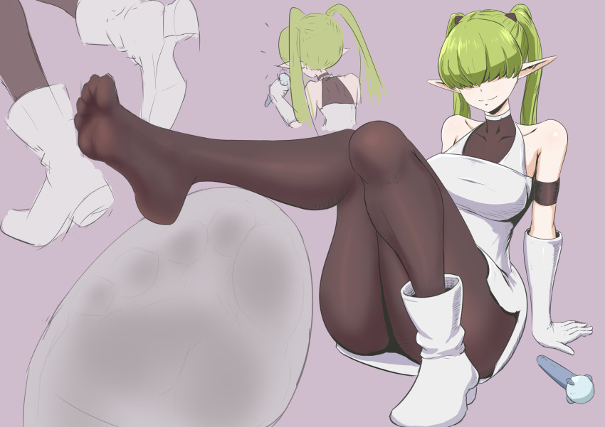 1girl, absurdres, boots, unworn_boots, feet, green_hair, hair_over_eyes, helck