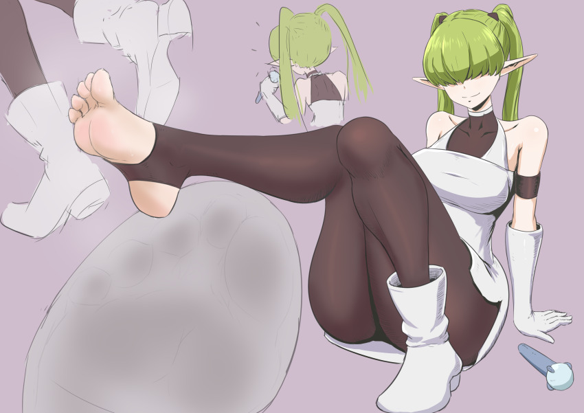1girl, absurdres, barefoot, boots, unworn_boots, feet, gloves, green_hair, hair_over_eyes, helck, highres, long_hair, pantyhose, pointy_ears, rococo_(helck), shoes, unworn_shoes, single_shoe, smile, soles, stirrup_legwear, toeless_legwear, toes, treadml, twintails