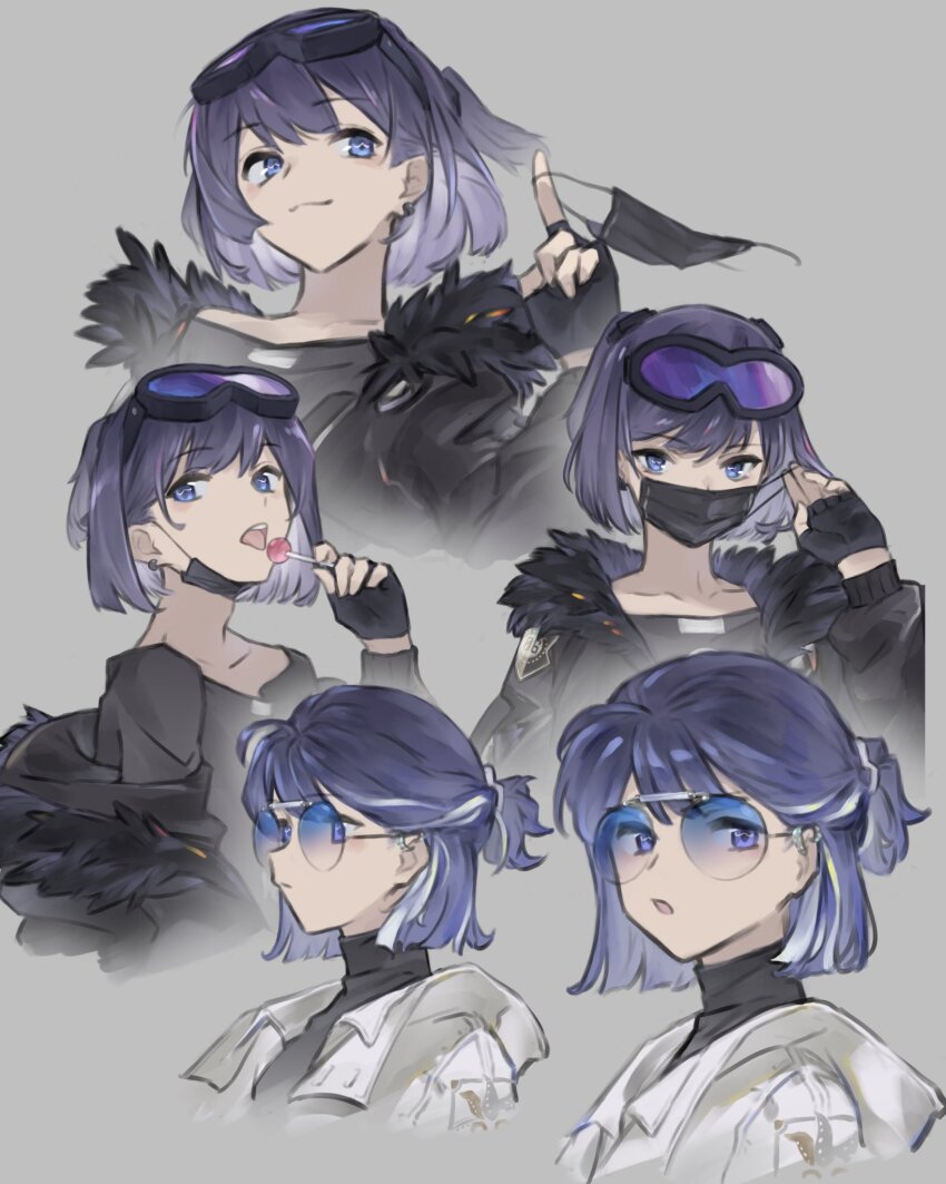 1girl, :o, andreana_(arknights), andreana_(silent_arrow)_(arknights), arknights, black_gloves, black_jacket, black_mask, black_shirt, black_sweater, blue-tinted_eyewear, blue_eyes, candy, chikoku_no_oni, commentary, cropped_torso, fingerless_gloves, food, fur-trimmed_jacket, fur_trim, gloves, goggles, goggles_on_head, grey_background, hand_up, highres, holding, holding_candy, holding_food, holding_lollipop, holding_mask, jacket, lollipop, looking_at_viewer, looking_to_the_side, mask, mouth_mask, multiple_views, off_shoulder, official_alternate_costume, open_mouth, ponytail, profile, purple_hair, shirt, short_hair, short_ponytail, simple_background, smile, sweater, teeth, tinted_eyewear, tongue, turtleneck, upper_body, upper_teeth_only, white_jacket