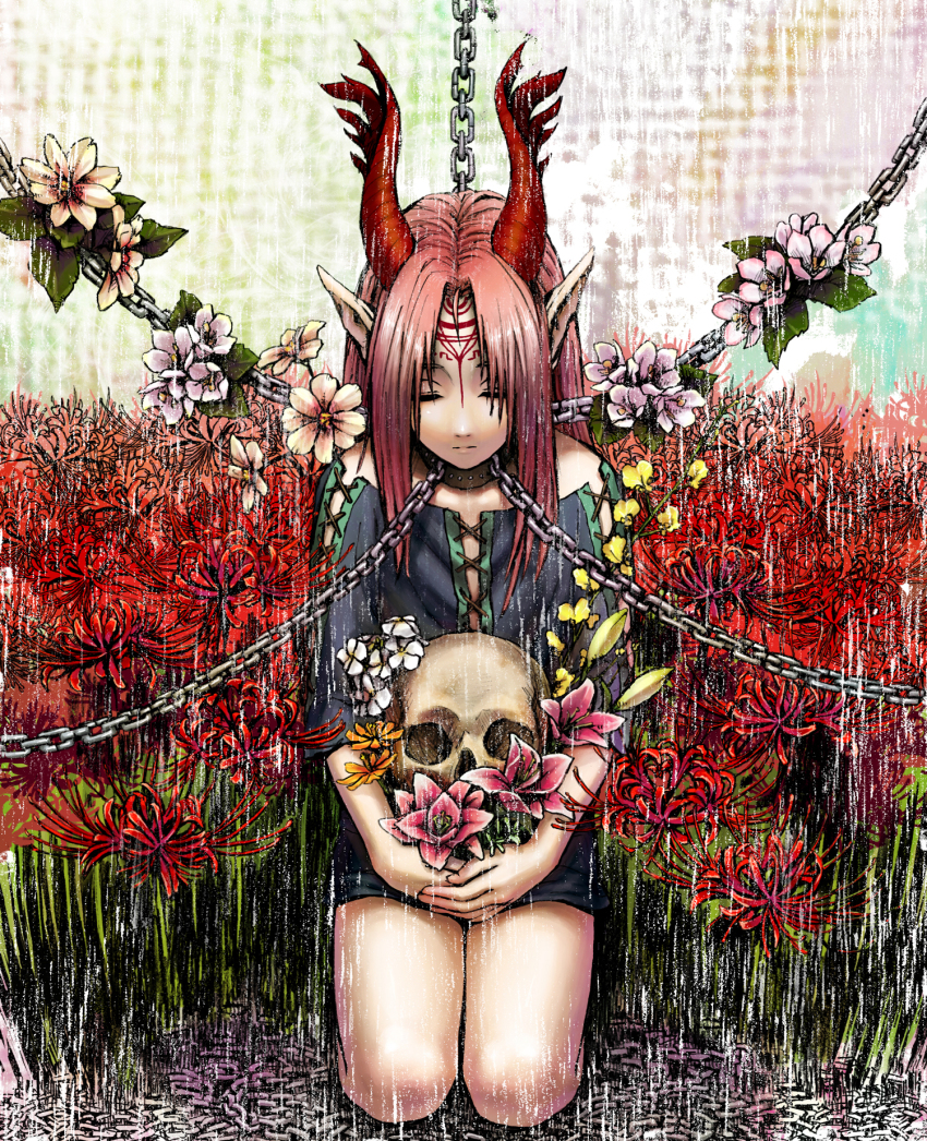 1girl, chain, chained, closed_eyes, collar, facial_mark, female_focus, flower, forehead_tattoo, full_body, highres, horns, kneeling, nature, original, outdoors, pink_hair, pointy_ears, rairaku, red_flower, skull, solo, spider_lily, tattoo, yuuzuki_rairaku