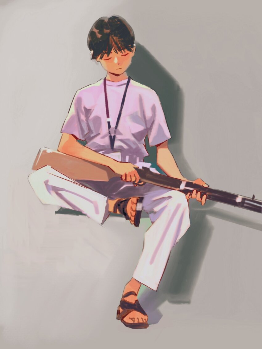 1boy, black_hair, black_sandals, closed_eyes, full_body, gun, highres, holding