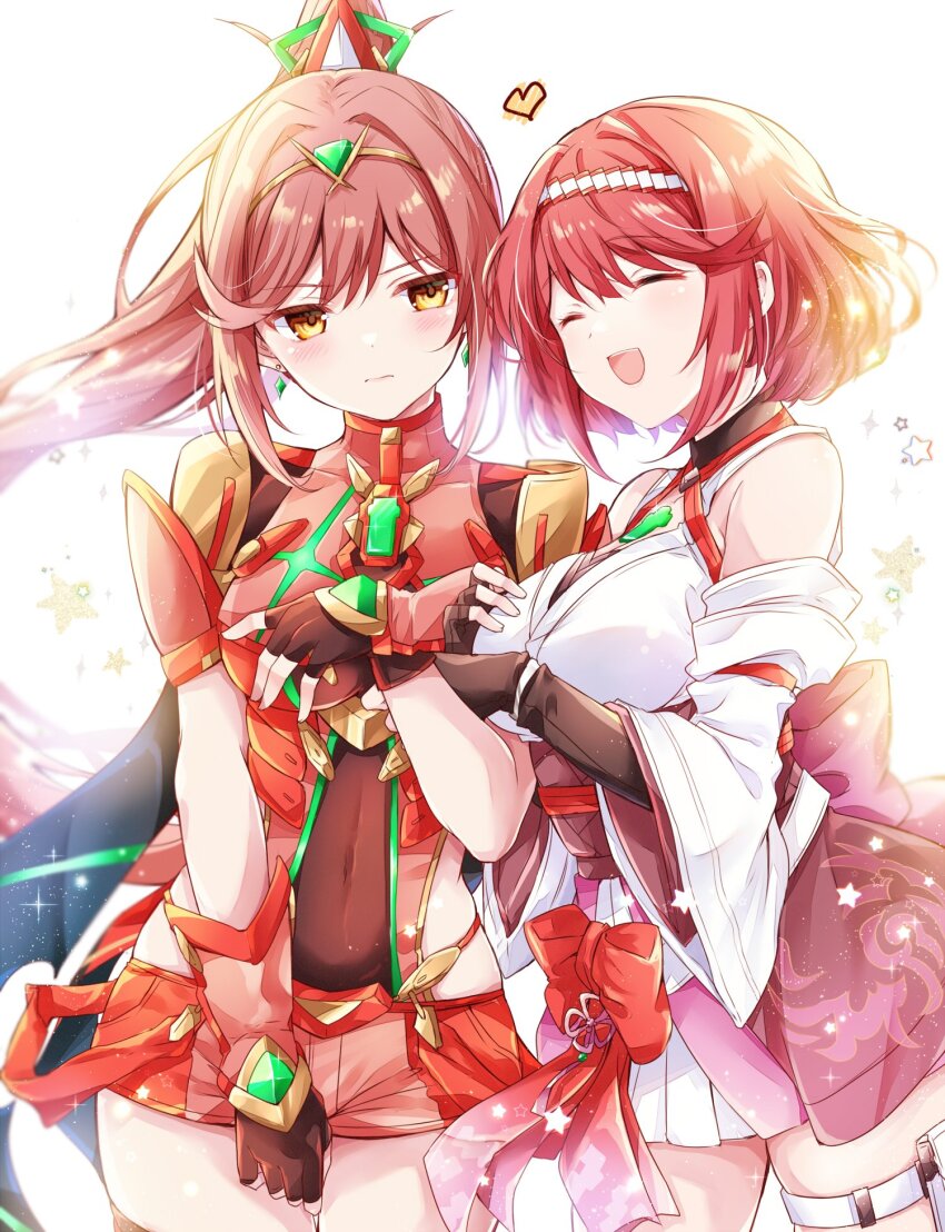 2girls, alternate_costume, bare_shoulders, black_gloves, blush, chest_jewel, closed_eyes, closed_mouth