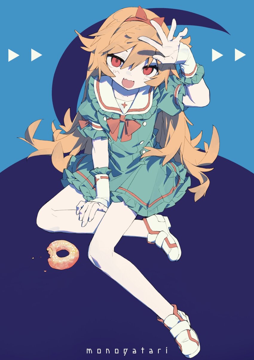 1boy, 1girl, ahoge, alternate_costume, araragi_koyomi, arm_up, blonde_hair, blue_background