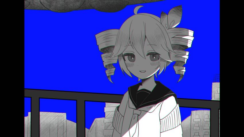 1girl, ahoge, alternate_costume, blue_background, blush, bow, cardigan_partially_removed, chromatic_aberration