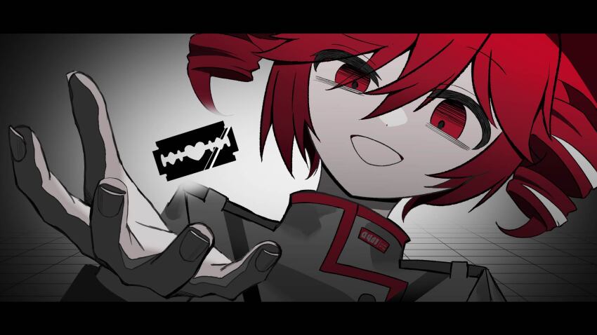 1girl, bags_under_eyes, buttons, commentary_request, double-breasted, drill_hair, dutch_angle, empty_eyes