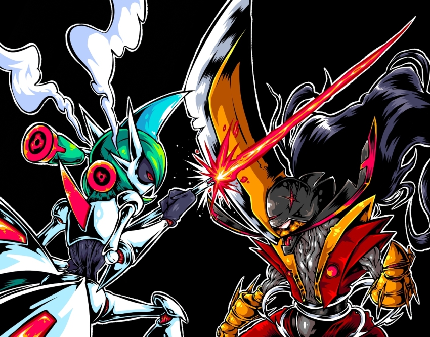 armor, baggy_pants, bidul_(bidul72476120), black_background, black_hair, blade, clash, crest