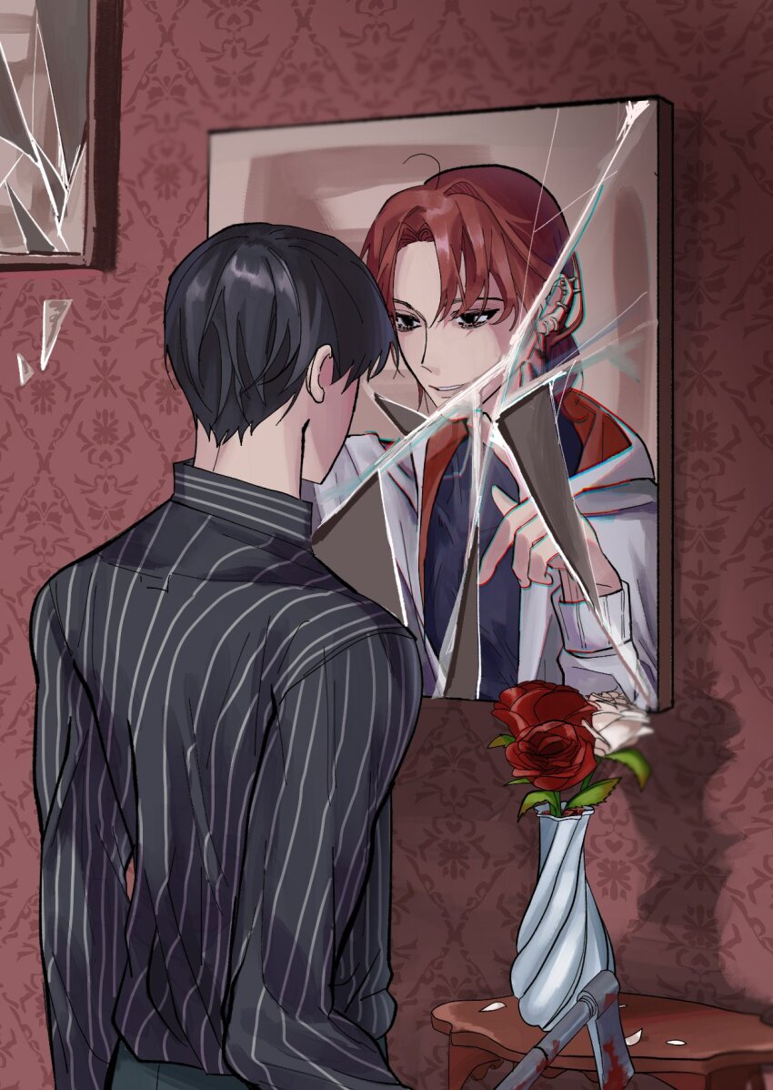 2boys, axe, black_hair, black_shirt, blood, broken_mirror, chromatic_aberration, commentary_request, ear_piercing, earrings, eoduun_badaui_deungbul-i_doeeo, flower, hatchet_(axe), highres, holding, jacket, jewelry, kim_jaehee, korean_commentary, long_sleeves, looking_at_another, looking_at_mirror, male_focus, mirror, multiple_boys, multiple_earrings, park_moo-hyun, piercing, red_flower, red_hair, red_rose, rose, sea_0328, shirt, short_hair, smile, striped_clothes, striped_shirt, vase, vertical-striped_clothes, vertical-striped_shirt