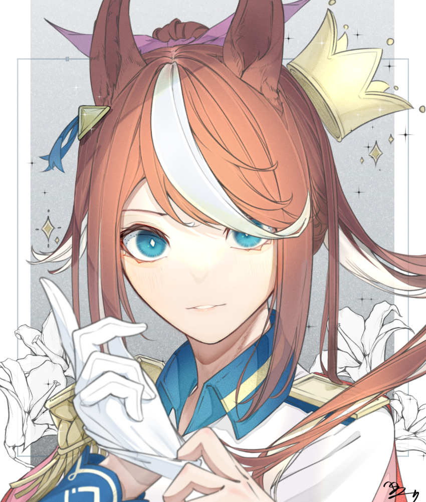 1girl, adjusting_clothes, adjusting_gloves, animal_ears, blue_eyes, bow, brown_hair, cape