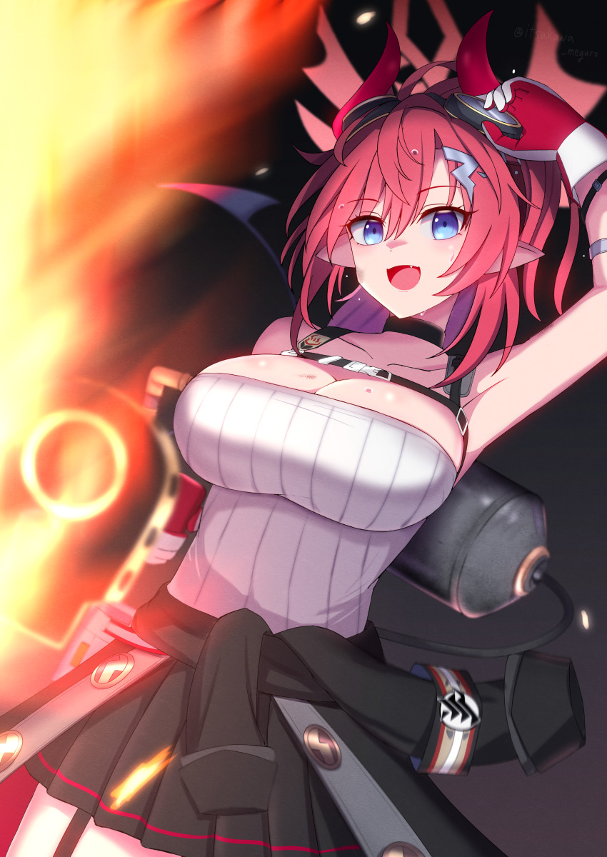 1girl, absurdres, blue_archive, blue_eyes, breasts, cleavage, clothes_around_waist, demon_tail