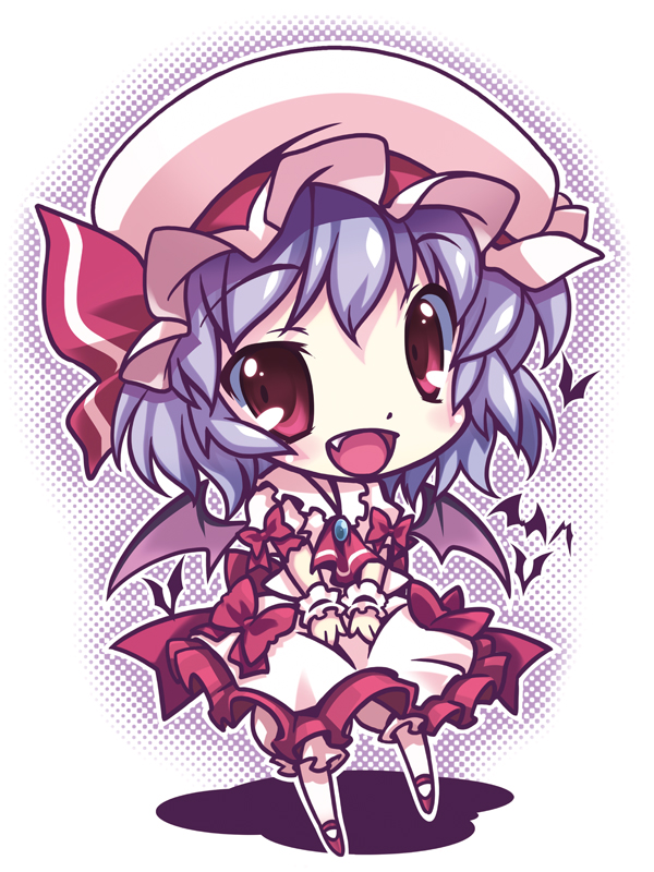 1girl, ascot, bat_(animal), bat_wings, bloomers, brooch, chibi, collared_shirt