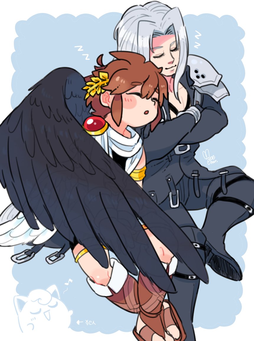 2boys, ahoge, angel, black_wings, brown_hair, closed_eyes, commentary, crossed_arms, final_fantasy, final_fantasy_vii, gen_1_pokemon, grey_hair, jigglypuff, kid_icarus, kid_icarus_uprising, laurel_crown, male_focus, moechar0426, multiple_boys, musical_note, nintendo, pit_(kid_icarus), pokemon, pokemon_(creature), sephiroth, signature, sleeping, super_smash_bros., untranslatable_commentary, white_wings, wings, zzz