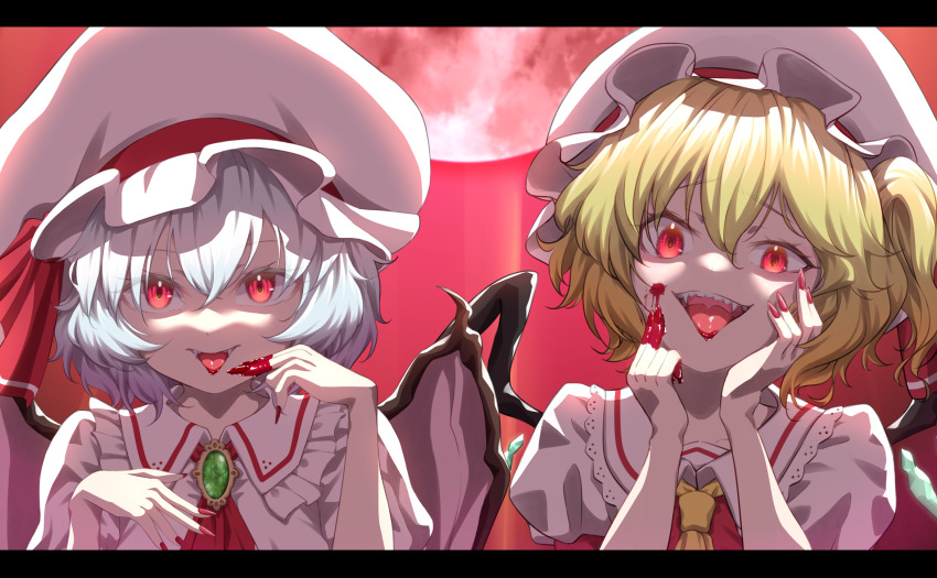 2girls, ascot, backlighting, bat_wings, blonde_hair, blue_hair, brooch, collared_shirt, dark_background, fangs, fingernails, flandre_scarlet, frilled_shirt_collar, frills, girouette00, glowing, glowing_eyes, gradient_background, hair_between_eyes, hat, hat_ribbon, highres, jewelry, large_hat, long_fingernails, looking_at_viewer, mob_cap, moon, multicolored_wings, multiple_girls, nail_polish, open_mouth, puffy_short_sleeves, puffy_sleeves, red_ascot, red_background, red_eyes, red_moon, red_nails, red_ribbon, red_vest, remilia_scarlet, ribbon, sharp_fingernails, shirt, short_hair, short_sleeves, siblings, sisters, teeth, touhou, upper_body, upper_teeth_only, vest, white_headwear, white_shirt, wings, yellow_ascot