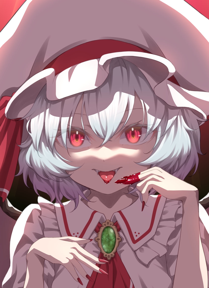 1girl, ascot, backlighting, bat_wings, blue_hair, brooch, collared_shirt, dark_background, fangs, fingernails, frilled_shirt_collar, frills, girouette00, glowing, glowing_eyes, gradient_background, hair_between_eyes, hat, hat_ribbon, jewelry, large_hat, long_fingernails, looking_at_viewer, mob_cap, nail_polish, open_mouth, puffy_short_sleeves, puffy_sleeves, red_ascot, red_background, red_eyes, red_nails, red_ribbon, remilia_scarlet, ribbon, sharp_fingernails, shirt, short_hair, short_sleeves, solo, touhou, upper_body, white_hat, white_shirt, wings