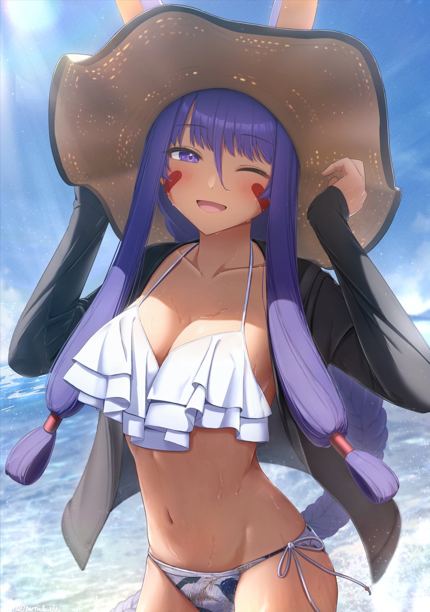 1girl, alternate_costume, animal_ears, bikini, blush, breasts, dark-skinned_female, dark_skin