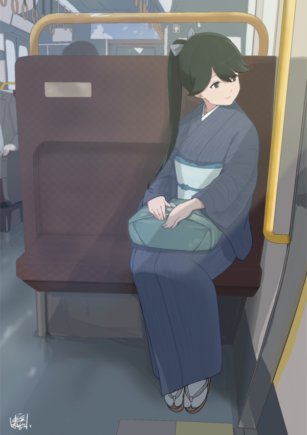 1girl, alternate_costume, bento, black_eyes, black_hair, blue_kimono, full_body, geta