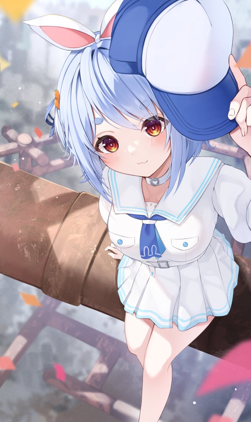 1girl, :3, animal_ears, atmospheric_perspective, belt, blue_hair, blue_neckerchief, blurry, blurry_background, blush, breasts, carrot_hair_ornament, choker, closed_mouth, confetti, day, depth_of_field, feet_out_of_frame, fingernails, food-themed_hair_ornament, from_above, hair_between_eyes, hair_ornament, hairclip, hat, highres, holding, hololive, industrial_pipe, light_blue_hair, looking_at_viewer, medium_breasts, neckerchief, only_up!, outdoors, puffy_sleeves, rabbit_ears, rabbit_girl, short_eyebrows, sidelocks, sitting, smile, solo, thick_eyebrows, tyabesu, usada_pekora, virtual_youtuber, white_belt
