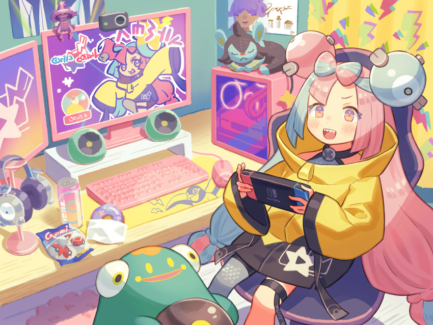 1girl, :d, bellibolt, blush, bow-shaped_hair, chair, character_doll, character_hair_ornament