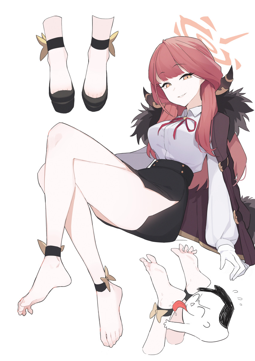 1boy, 1girl, absurdres, ankle_bow, ankle_ribbon, aru_(blue_archive), bare_legs, barefoot