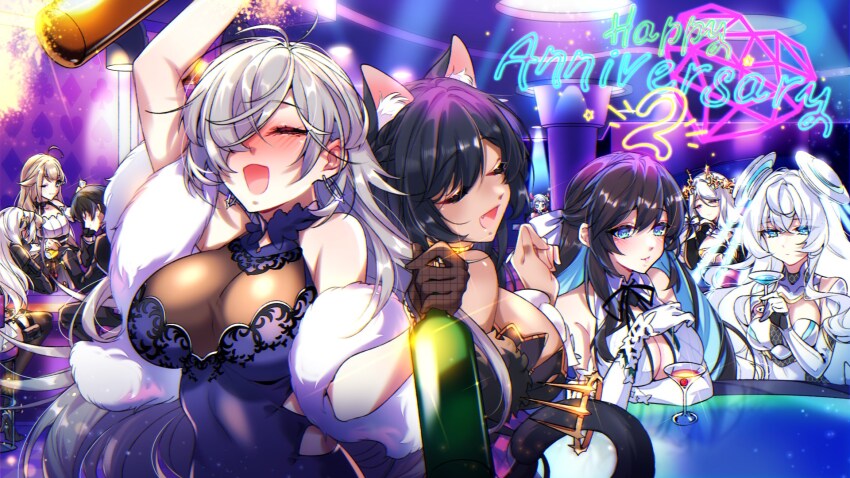 1boy, 6+girls, alcohol, animal_ears, artist_request, bare_shoulders, black_hair, blue_eyes